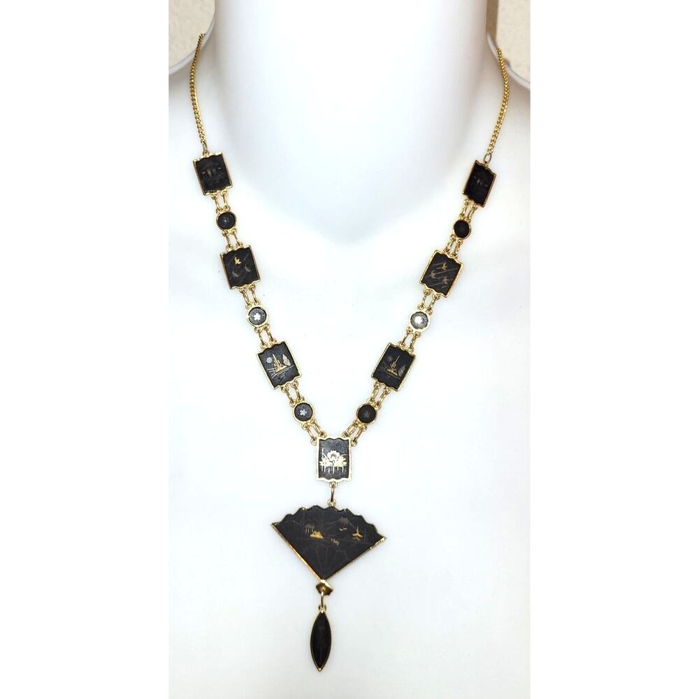 Vintage Damascene Folding Fan Necklace Gold Tone Black Amita Style Shakudo